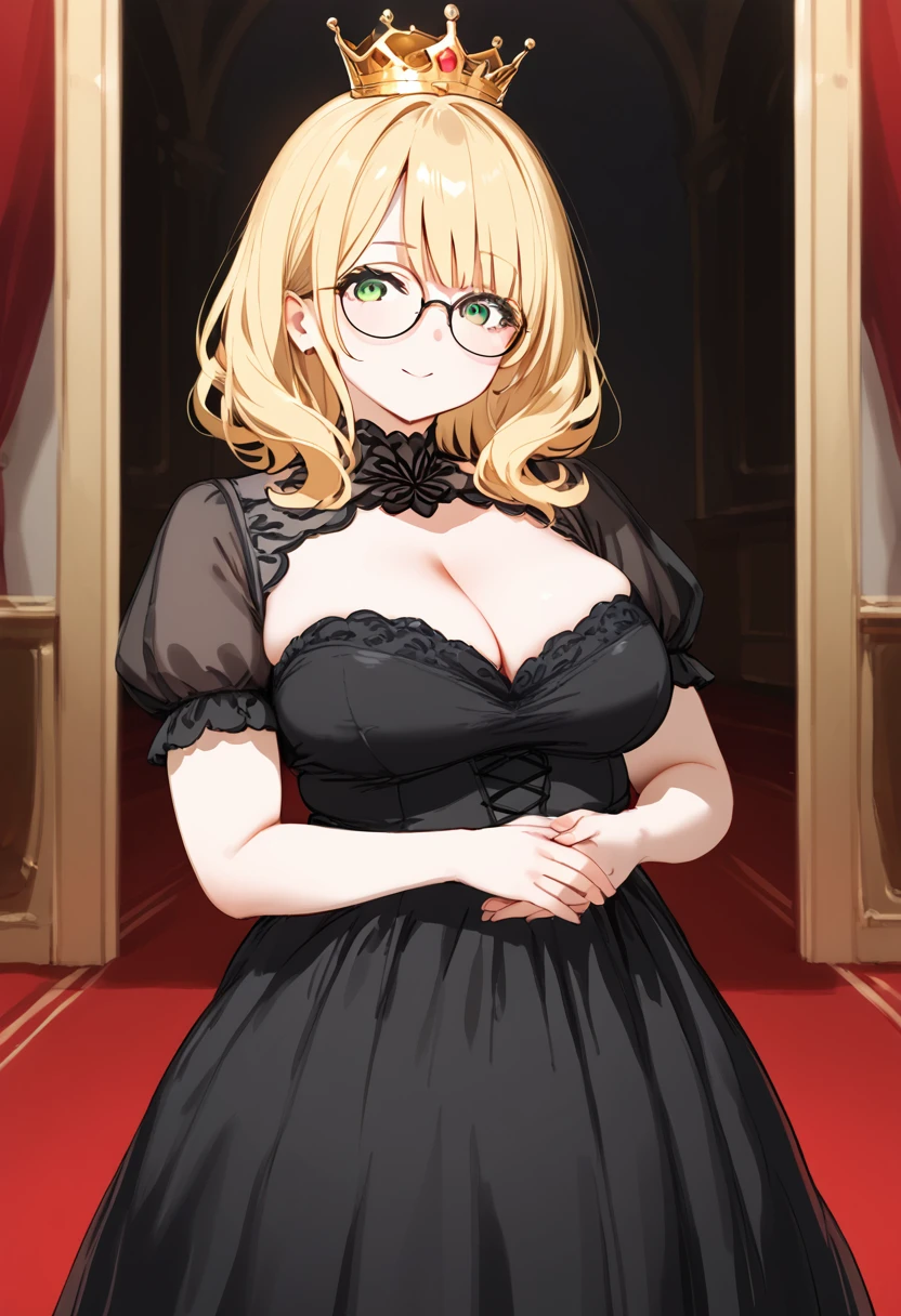 chubby girl, Blonde with green eyes, medium length hair, round facial features, glasses with black square frames Ball gown, royal crown