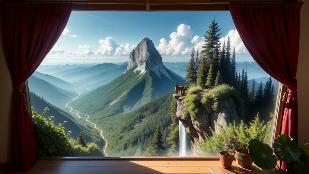 (Different world scene,forest),summer,towering,Intensive,A mountain in the distance,Spectacular,The sea in the distance