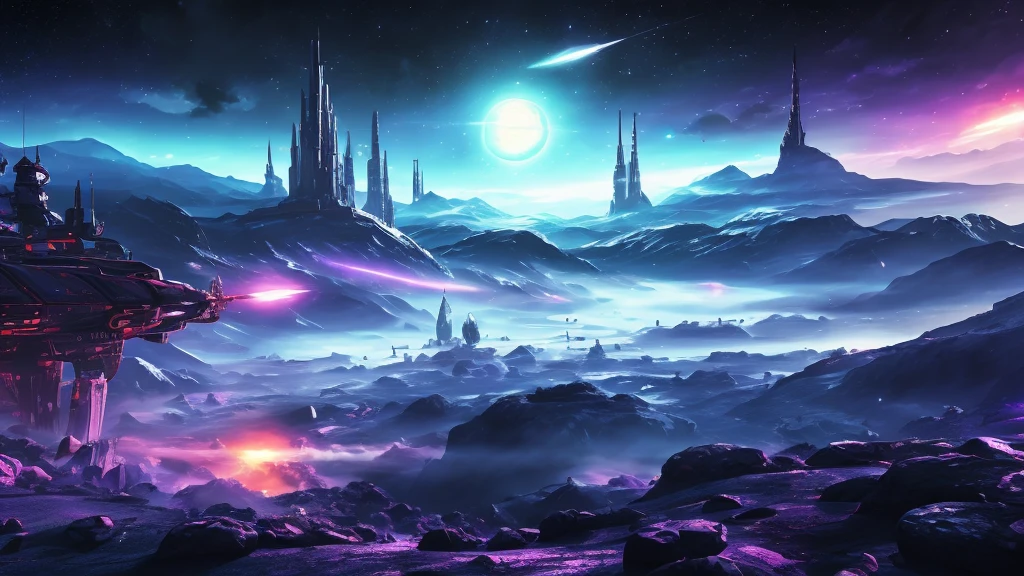 digital painting, Game Location, location from the game, dungeon from the game, локация space, Game Location, space location, location in blue and purple tones, Game Location, cute style, Large location, fog in the foreground with glow effects, colorful, No characters, no characters, location only, cute style, anime style, space, Space, planets in the background