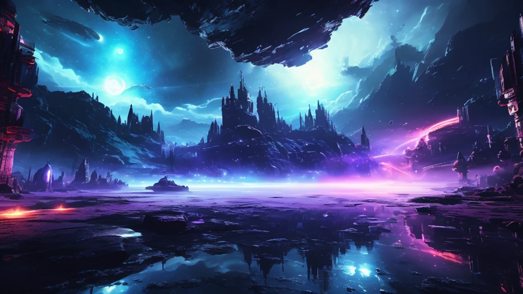 digital painting, Game Location, location from the game, dungeon from the game, локация space, Game Location, space location, location in blue and purple tones, Game Location, cute style, Large location, fog in the foreground with glow effects, colorful, No characters, no characters, location only, cute style, anime style, space, Space, planets in the background