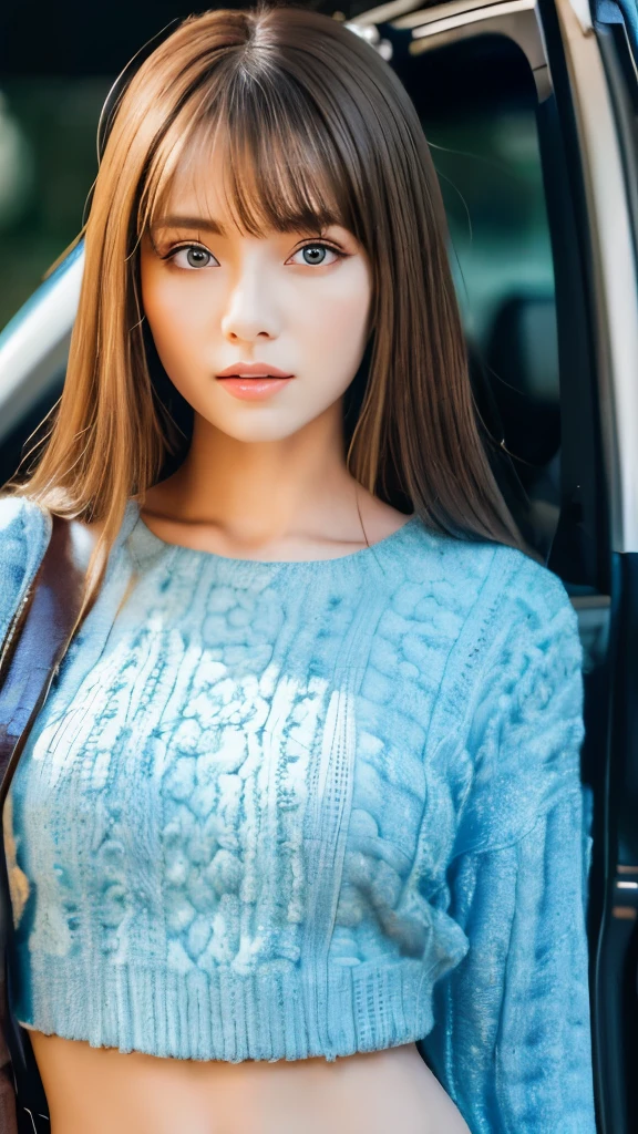 Best quality, 8k, ,Masterpiece :1.3)), facing viewer,((full body1.2)) ,pretty woman, wide shot ,1girl, , with car, ,car circuit , brown hair , bangs,ultra-detailed face, highly detailed lips, detailed eyes, double eyelid