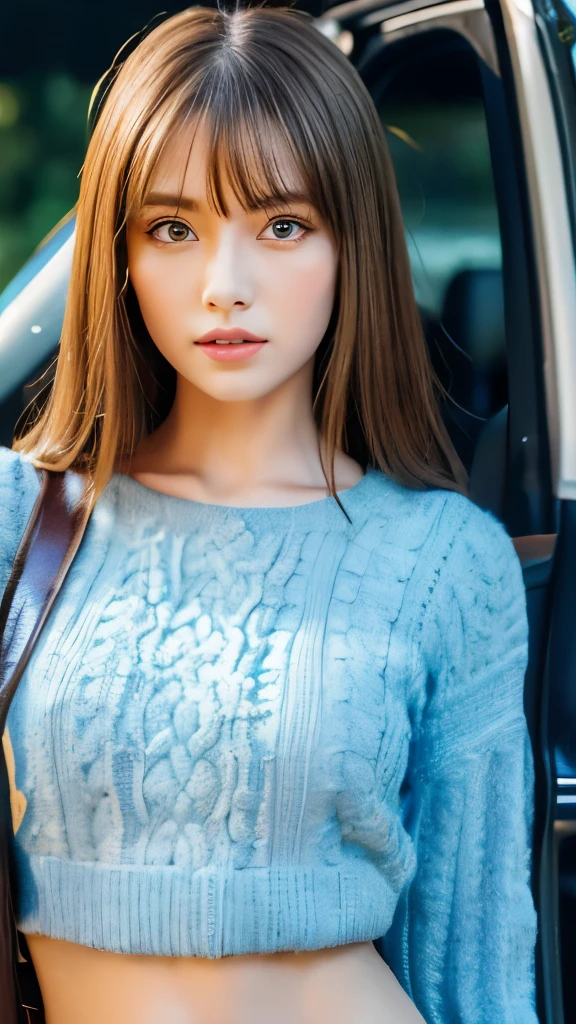 Best quality, 8k, ,Masterpiece :1.3)), facing viewer,((full body1.2)) ,pretty woman, wide shot ,1girl, , with car, ,car circuit , brown hair , bangs,ultra-detailed face, highly detailed lips, detailed eyes, double eyelid