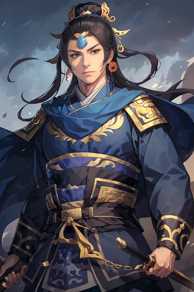 Araped image of a man wearing blue clothes and holding a sword, Chinese Warrior, armored warrior, Zhaoyun, beautiful character drawings, Works inspired by Zhao Yuan, Inspired by Dong Yuan, Kuleilei(Qu Leilei), by Jay Yang, Li Zai(Li Zai), Epic exquisite character art, Works inspired by Zuderun, Inspired by Jang Wo, Highly detailed character design