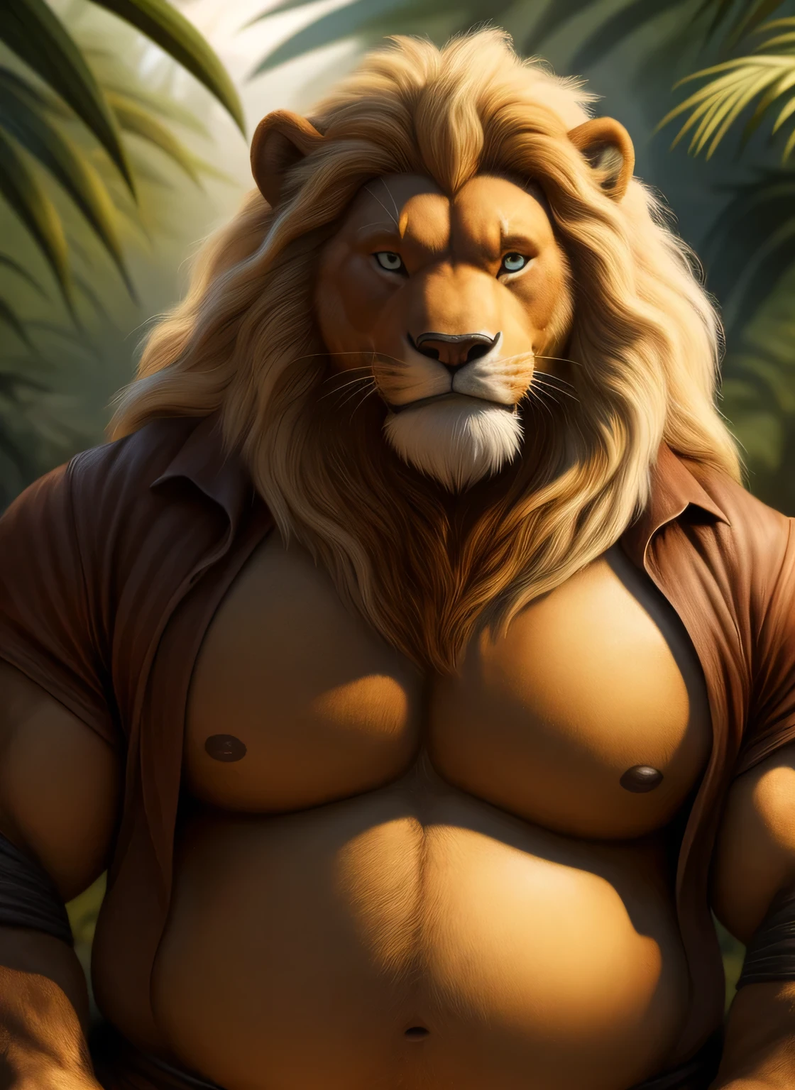 Lion, male, long blond mane, brown beard all over the jaw, fat body, big belly, large pectorals, biceps, green eyes, adventurer, tight-fitting adventurer clothes, open shirt, smiling face, jungle, illustration, ultra-detailed, realistic, vivid colors, bokeh, portraiture, warm and earthy tones, dramatic lighting.