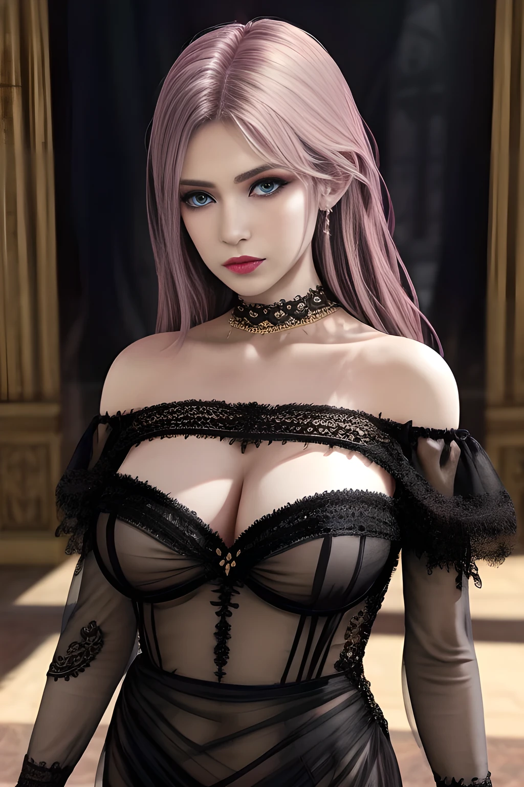 1girl, long sleeves, black dress, off shoulder, bare shoulders, long dress, (see-through), tulle dress,beautiful detailed eyes, beautiful detailed lips, extremely detailed eyes and face, long eyelashes, best quality, 4k, 8k, highres, masterpiece, ultra-detailed, realistic, photorealistic, photo-realistic, ethereal glow, regal elegance, intricate details, luxurious, otherworldly beauty, dark atmospheric background, supernatural aura, elise,