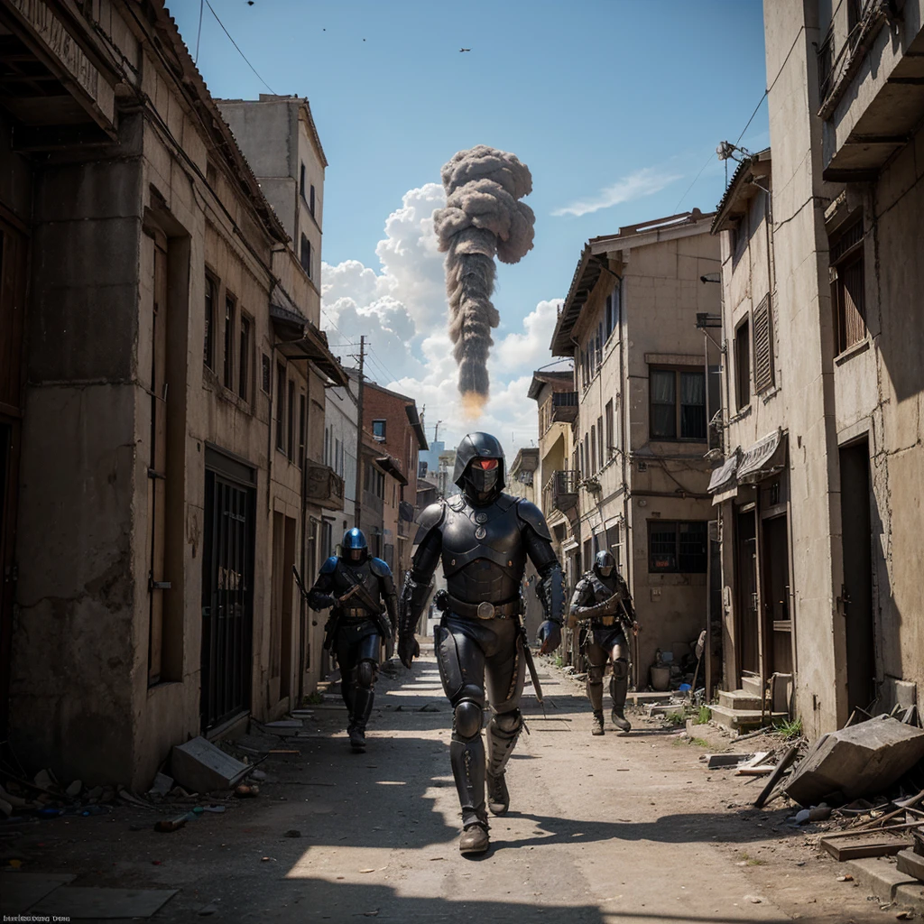 ultra realistic, humanoid attack 17 century Civilization, city destroyed background, 17 century army defend with their weapons