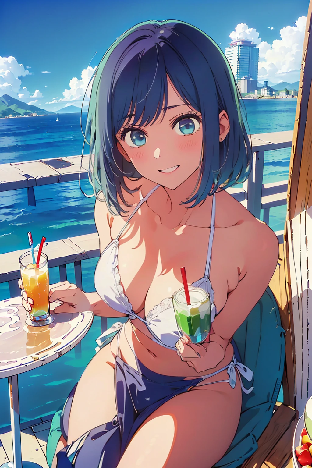 Highest quality,8k,detailed,F cup bust、Big Breasts、Slim and beautiful arms、Slim body、Very white beautiful skin、((((1 person、smile、Swimwear、She is wearing a white side-string high-leg bikini、smile、sit、In the background are the urban buildings of Tokyo、Outdoor café terrace、Drink juice、Cheek resting on hand、coastal、table、looking at the camera、Looking up、Posing with your hands、Shooting from a distance、Shot from above、Navy hair color、Very cute face))))、Sexy pose、Very blue sky、A completely cloudless sky、She tilted her head slightly、The atmosphere is bright and lively、The woman is at the center of the image。