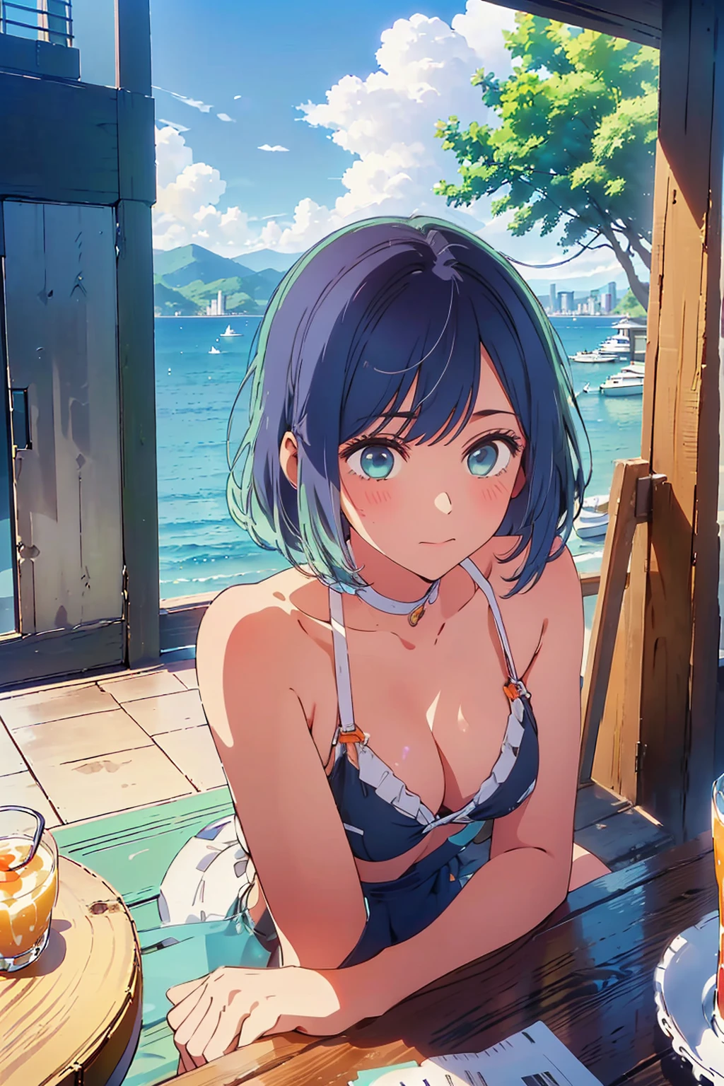 Highest quality,8k,detailed,F cup bust、Big Breasts、Slim and beautiful arms、Slim body、Very white beautiful skin、((((1 person、smile、Swimwear、She is wearing a white side-string high-leg bikini、smile、sit、In the background are the urban buildings of Tokyo、Outdoor café terrace、Drink juice、Cheek resting on hand、coastal、table、looking at the camera、Looking up、Posing with your hands、Shooting from a distance、Shot from above、Navy hair color、Very cute face))))、Sexy pose、Very blue sky、A completely cloudless sky、She tilted her head slightly、The atmosphere is bright and lively、The woman is at the center of the image。