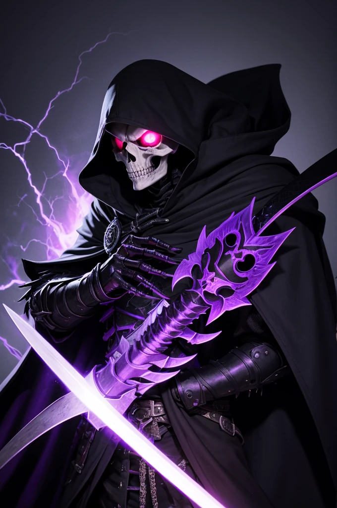 Monster, Warrior, Skull Face, Black Skeleton, Tall, Purple flames in his eyes, Black cloak, Holding Great Sword in hand.