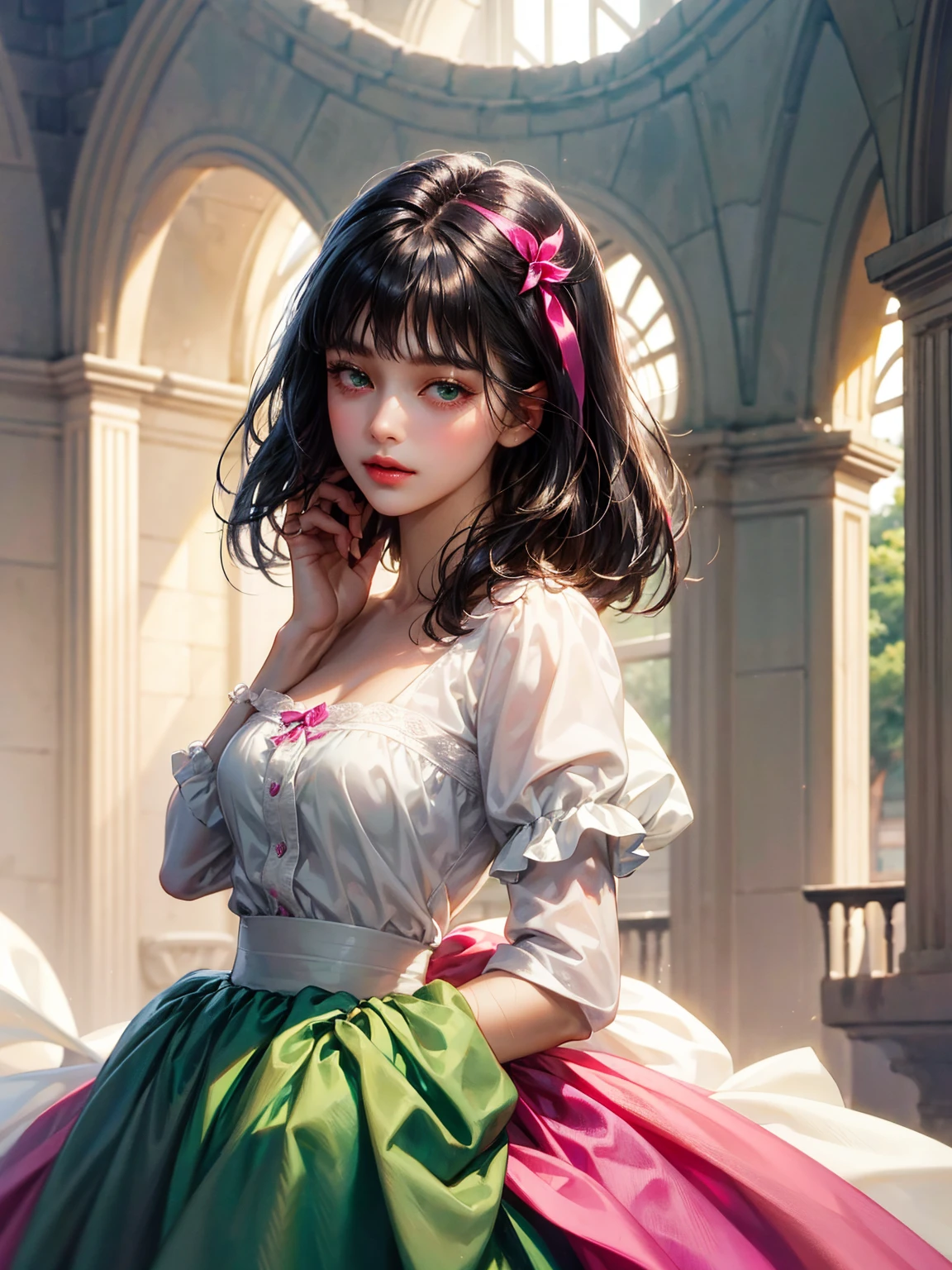 A girl, medium black hair with bangs, small breast, green eyes. She wears a white shirt with a fuchsia ribbon, a short fuchsia skirt. Beautiful girl, detailed eyes, detailed face, detailed hands. She looks at the viewer. Full figure. Background a castle