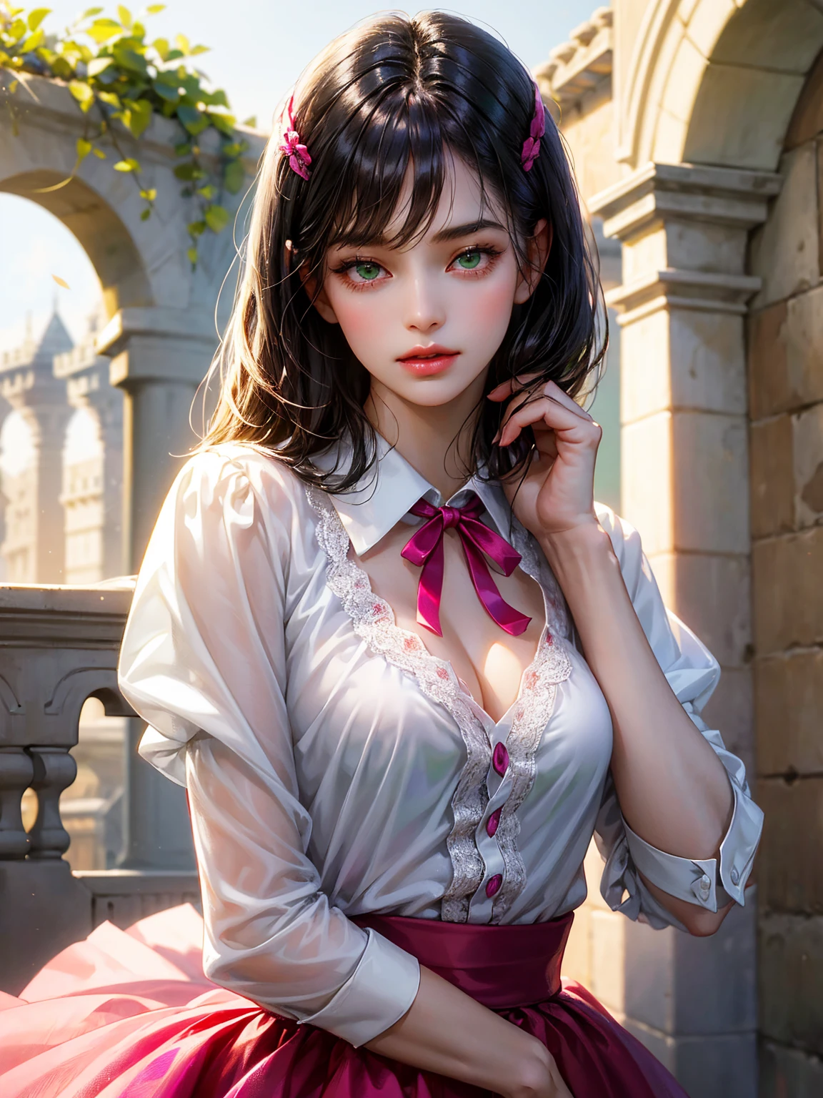 A girl, medium black hair with bangs, small breast, green eyes. She wears a white shirt with a fuchsia ribbon, a short fuchsia skirt. Beautiful girl, detailed eyes, detailed face, detailed hands. She looks at the viewer. Full figure. Background a castle