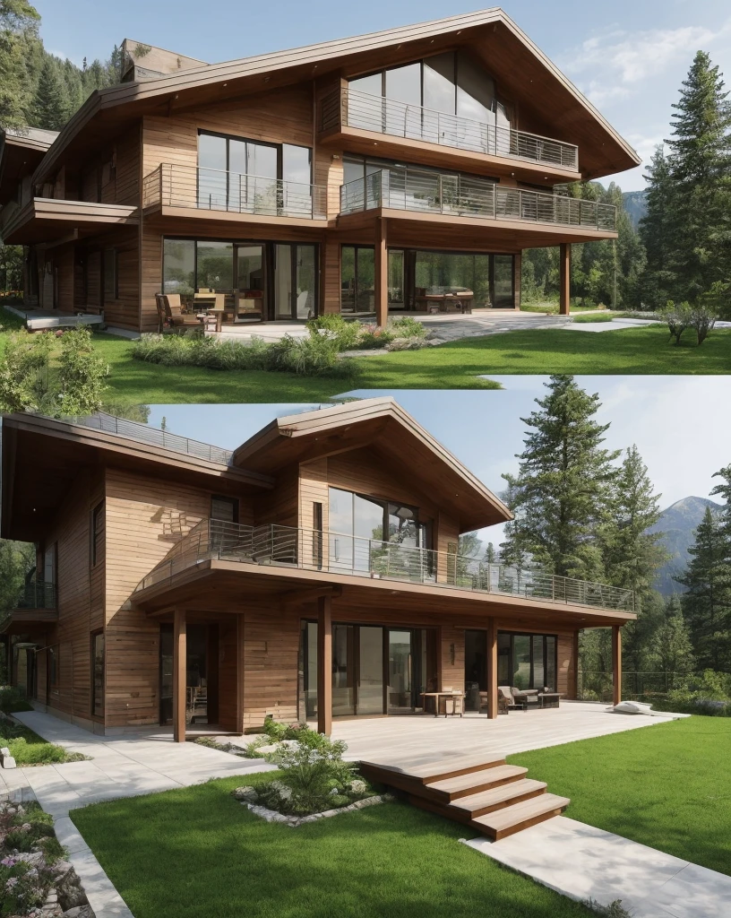 modern house with a balcony and a terrace, in the mountains, peaceful wooden house, amidst of nature fully covered, large modern residence, in style of ultra realistic, contemporary house, integrated in the mountains,
