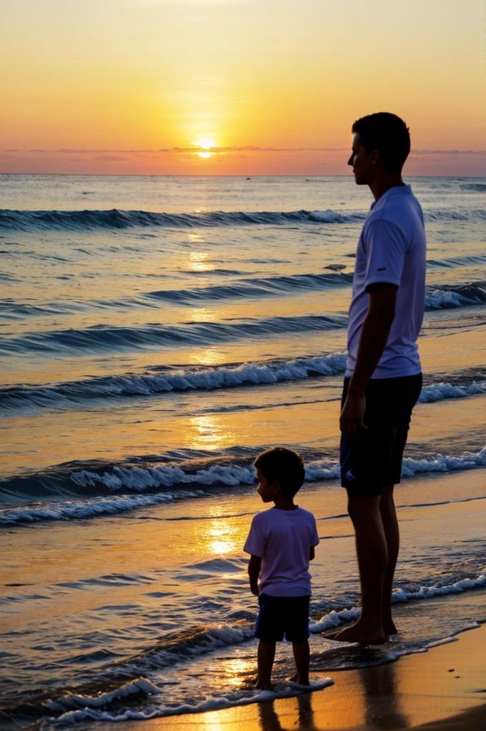 Un adulto con su hijo joven pescando al atardecer frente al mar
