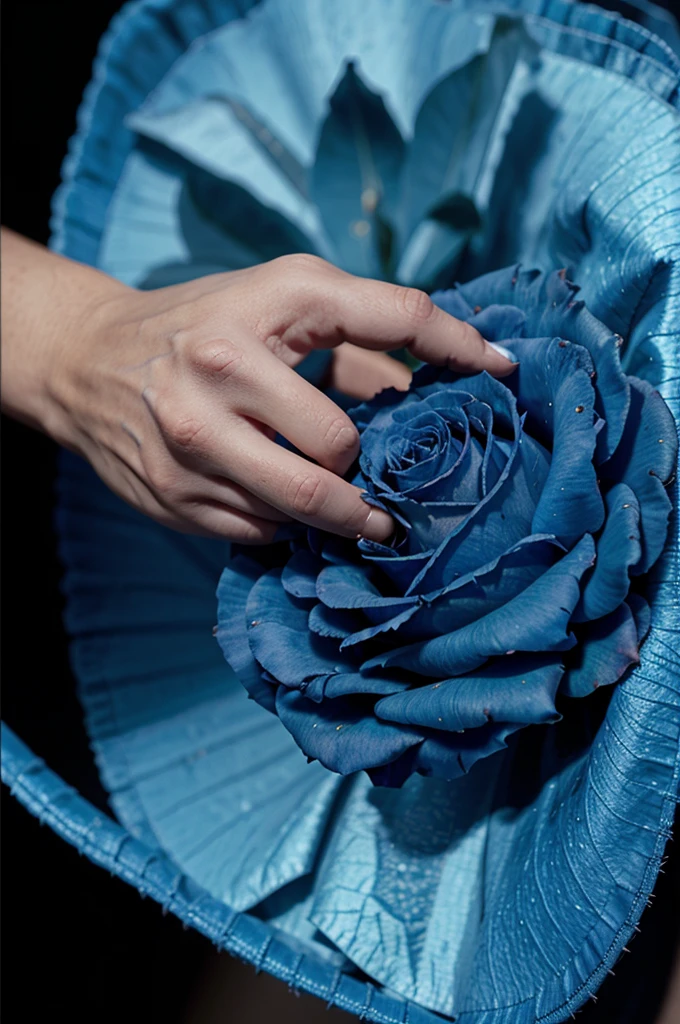 A thorny blue rose that he held in his hand hurt his hand