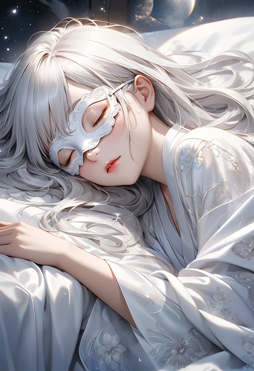    
          ( Perfect anatomical structure ) Beautiful elegant young girl wearing white eye mask(Eye mask for sleeping against light)She is sleeping on the bed, wearing a white Chinese robe. She has long flowing silver-white hair and is dreaming. She is surrounded by sweet dreams and mist. Her facial features are delicate and perfect. Dreamy optical ink style. Ultra-detailed digital art. A realistic masterpiece. (best quality)