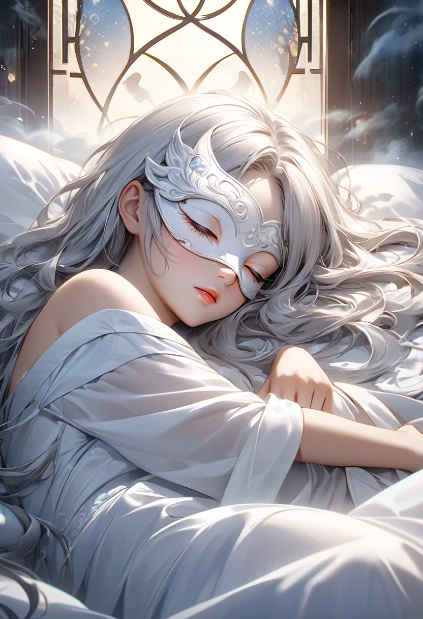 ( Perfect anatomical structure ) Beautiful elegant young girl wearing white eye mask(Eye mask for sleeping against light)She is sleeping on the bed, wearing a white Chinese robe. She has long flowing silver-white hair and is dreaming. She is surrounded by sweet dreams and mist. Her facial features are delicate and perfect. Dreamy optical ink style. Ultra-detailed digital art. A realistic masterpiece. (best quality)