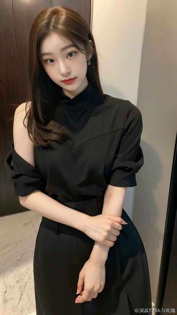 ultra best quality、in 8K、masuter piece、Professionally taken photos,masterpiece,Japan at 25 years old ,The best smile,Looking away,Flashy makeup with red eyeshadow,Officelady,Medium chest,Slender body,Black Office Lady Suit(skirt type)、vertically curled brown hair、eye glass、Change clothes in the changing room、