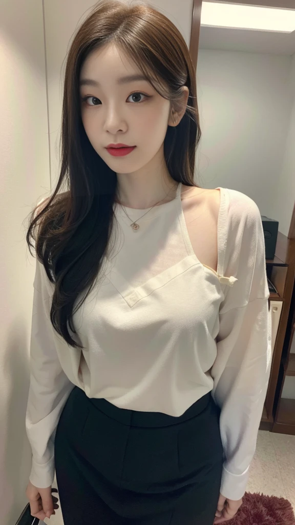 ultra best quality、in 8K、masuter piece、Professionally taken photos，​masterpiece，Japan at 25 years old ，The best smile，Looking away，Flashy makeup with red eyeshadow，Officelady，Medium chest，Slender body，Black Office Lady Suit（skirt type）、vertically curled brown hair、eye glass、Change clothes in the changing room、