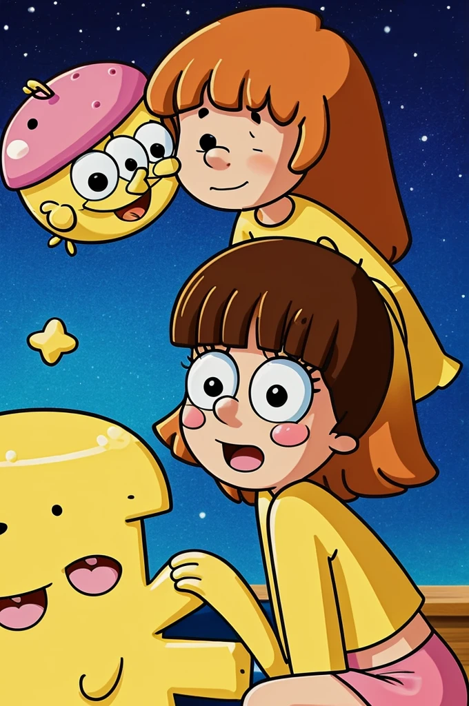 Draw a cartoon of a sad girl watching spongebob kissing another girl at night
