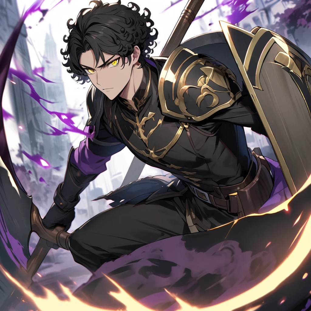 male, curly hair, yellow eyes, black hair, handsome, short hair, using scythe, using shield, dark aura