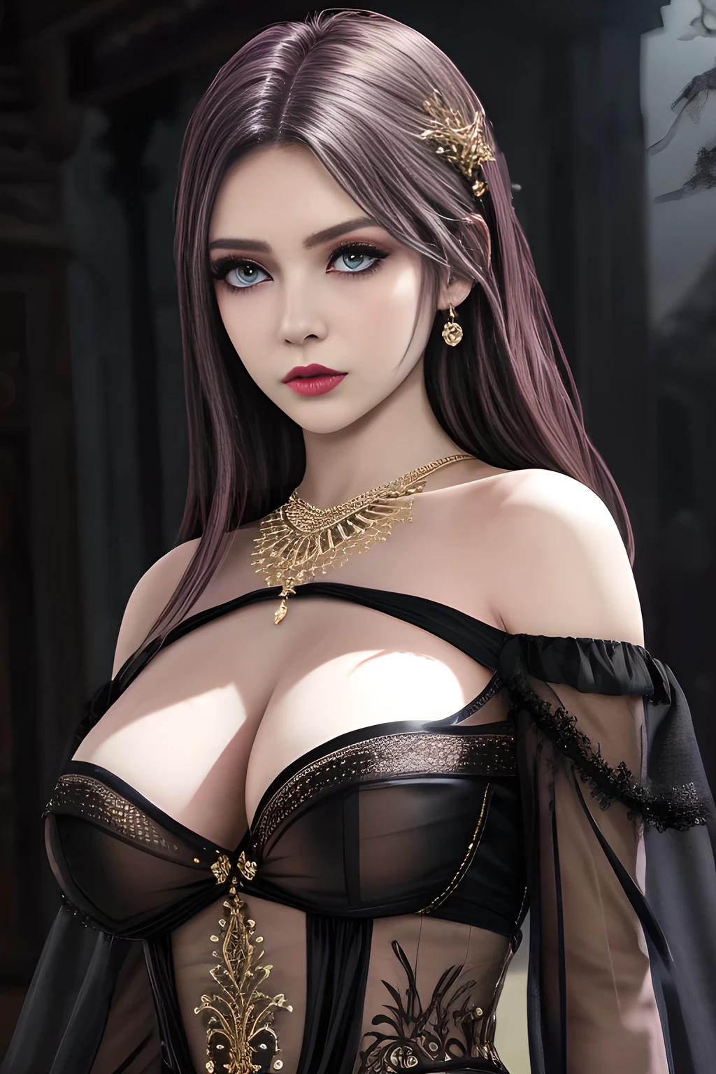 1girl, long sleeves, black dress, off shoulder, bare shoulders, long dress, (see-through), tulle dress,beautiful detailed eyes, beautiful detailed lips, extremely detailed eyes and face, long eyelashes, best quality, 4k, 8k, highres, masterpiece, ultra-detailed, realistic, photorealistic, photo-realistic, ethereal glow, regal elegance, intricate details, luxurious, otherworldly beauty, dark atmospheric background, supernatural aura, elise,