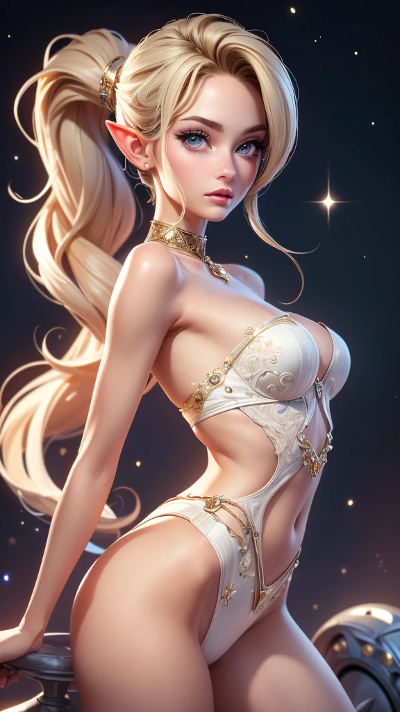 (best quality,4k,8k,highres,masterpiece:1.2),ultra-detailed,(realistic,photorealistic,photo-realistic:1.37),portrait,(beautiful,detailed:1.1) eyes,(beautiful,detailed:1.1) lips,(extremely,detailed:1.1) eyes and face,long eyelashes,hairstyle(ash-colored ponytail),half-elf,figure,model,long legs,elongated face,sexually suggestive pose,incredible beauty,background:space