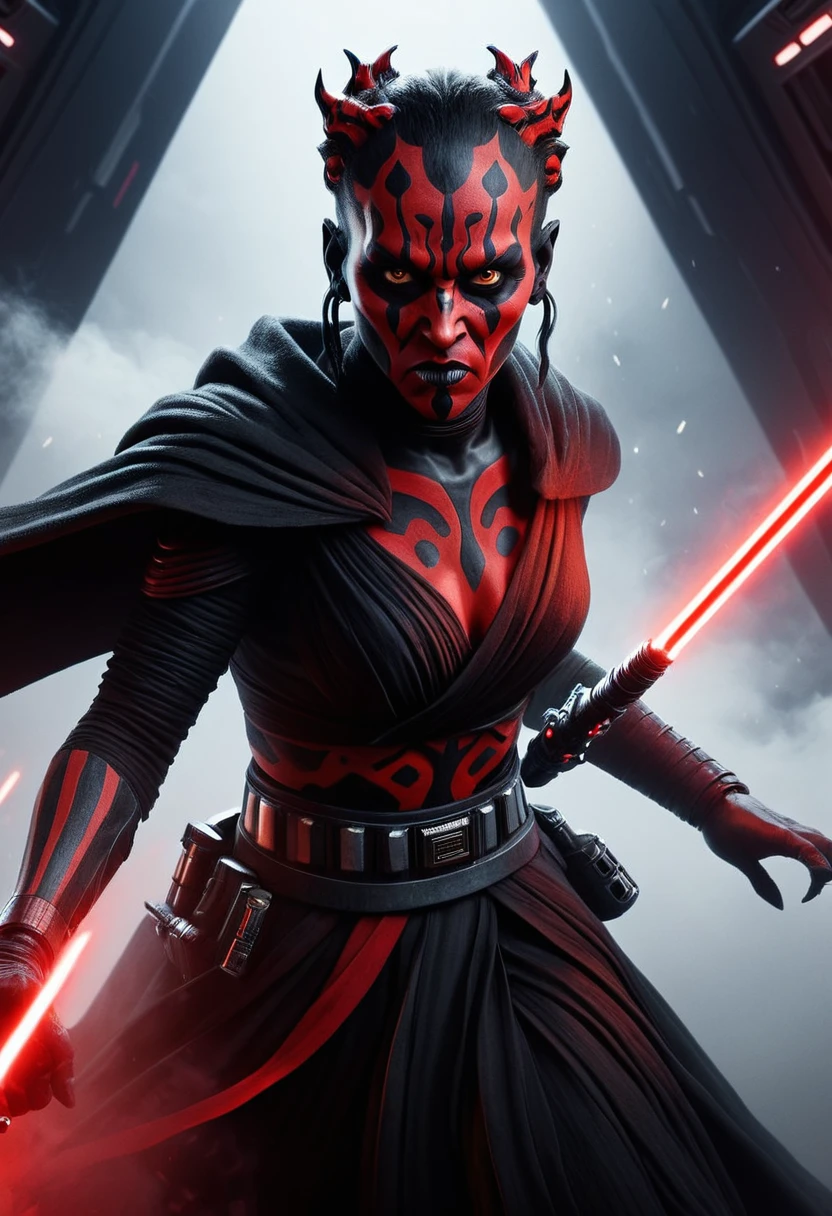 a Star Wars character, a Sith, Hyper detailed portrait of Zabrak woman Darth Maul, incredibly beautiful and dangerous, with Sith lightsaber in hand, runs along the deck of a spaceship, epic emotions and movements, galaxy fog, Perfect Composition, aesthetic, scandalous pose, full body, hyper realism, 5D Dimension, unreal engine, galaxy, 3d octane rendering, CGI, dark fantasy, by Zack Snyder