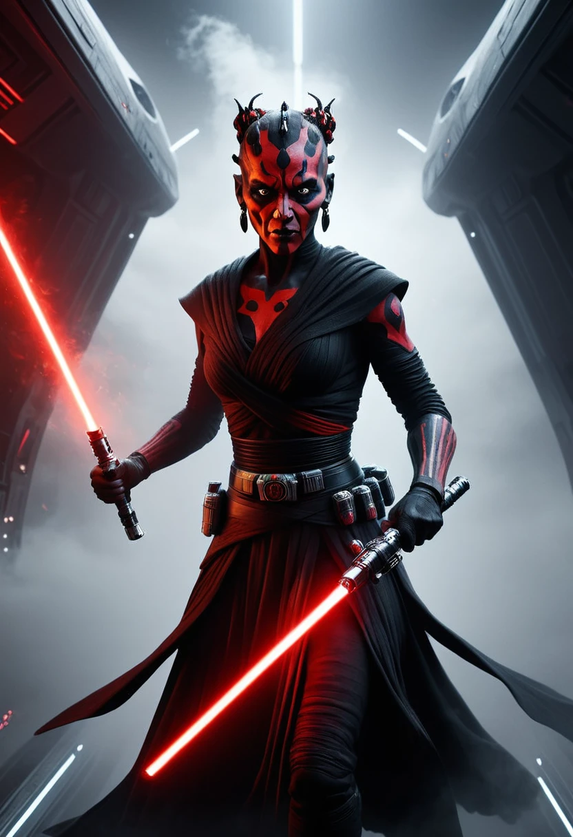 a Star Wars character, a Sith, Hyper detailed portrait of Zabrak woman Darth Maul, incredibly beautiful and dangerous, with Sith lightsaber in hand, runs along the deck of a spaceship, epic emotions and movements, galaxy fog, Perfect Composition, aesthetic, scandalous pose, full body, hyper realism, 5D Dimension, unreal engine, galaxy, 3d octane rendering, CGI, dark fantasy, by Zack Snyder