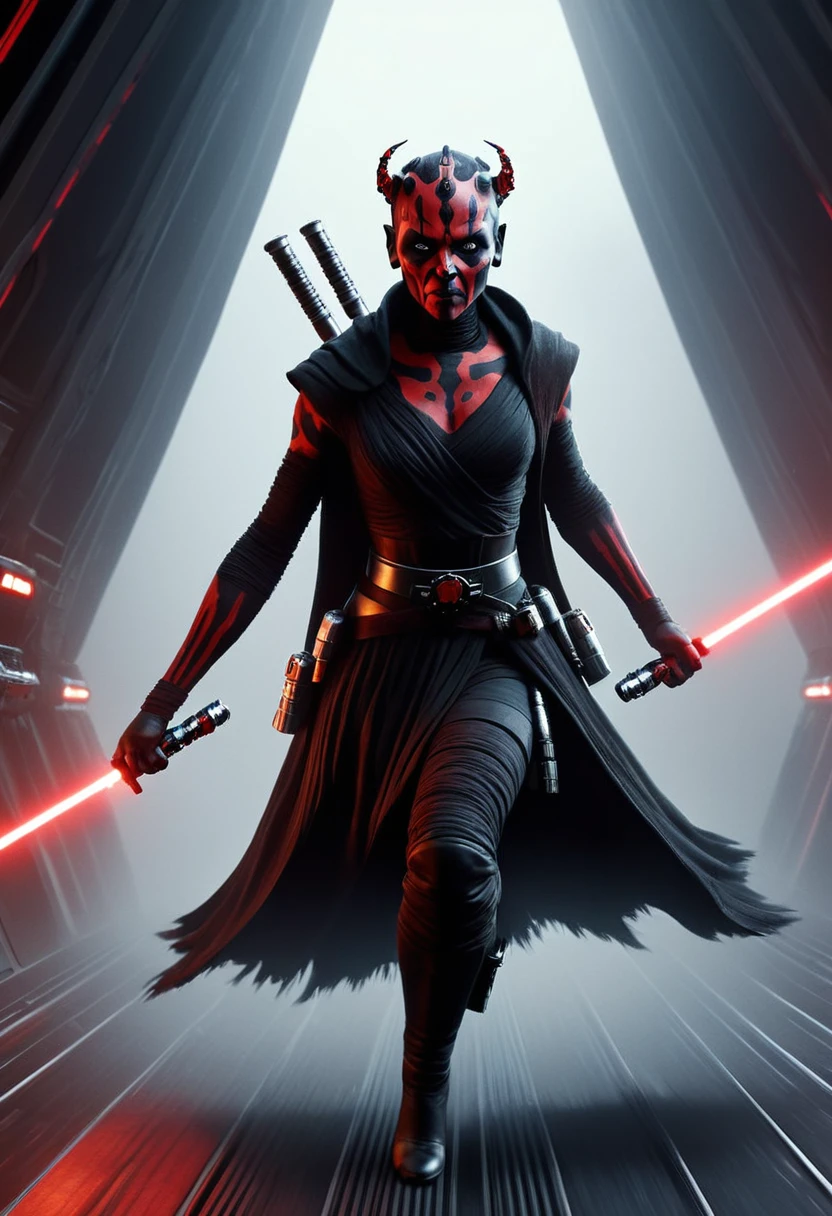 a Star Wars character, a Sith, Hyper detailed portrait of Zabrak woman Darth Maul, incredibly beautiful and dangerous, with Sith lightsaber in hand, runs along the deck of a spaceship, epic emotions and movements, galaxy fog, Perfect Composition, aesthetic, scandalous pose, full body, hyper realism, 5D Dimension, unreal engine, galaxy, 3d octane rendering, CGI, dark fantasy, by Zack Snyder