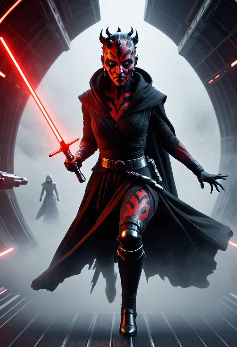 a Star Wars character, a Sith, Hyper detailed portrait of Zabrak woman Darth Maul, incredibly beautiful and dangerous, with Sith lightsaber in hand, runs along the deck of a spaceship, epic emotions and movements, galaxy fog, Perfect Composition, aesthetic, scandalous pose, full body, hyper realism, 5D Dimension, unreal engine, galaxy, 3d octane rendering, CGI, dark fantasy, by Zack Snyder