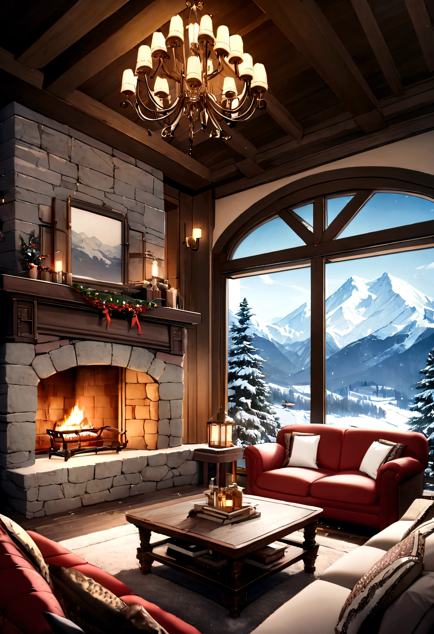 Comfortable mountain villa，Surrounded by stunning scenery, Large windows let in natural light，Enjoy panoramic views of the snow-capped mountains. The interior is decorated with comfortable furniture, A lit fireplace and a cozy atmosphere, Invites you to relax，Enjoy the tranquility of nature