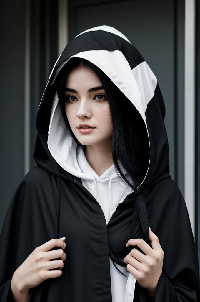 A woman with black hair and pale white skin wearing a black hooded cloak
