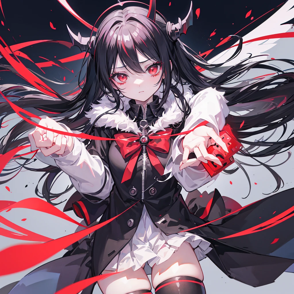 anime girl with black hair and red eyes with angel halo, gapmoe yandere grimdark, portrait gapmoe yandere grimdark, helltaker, demon anime girl, akane owari danganronpa, albedo from the anime overlord, gapmoe yandere, 1 7 - year - old anime goth girl, albedo from overlord