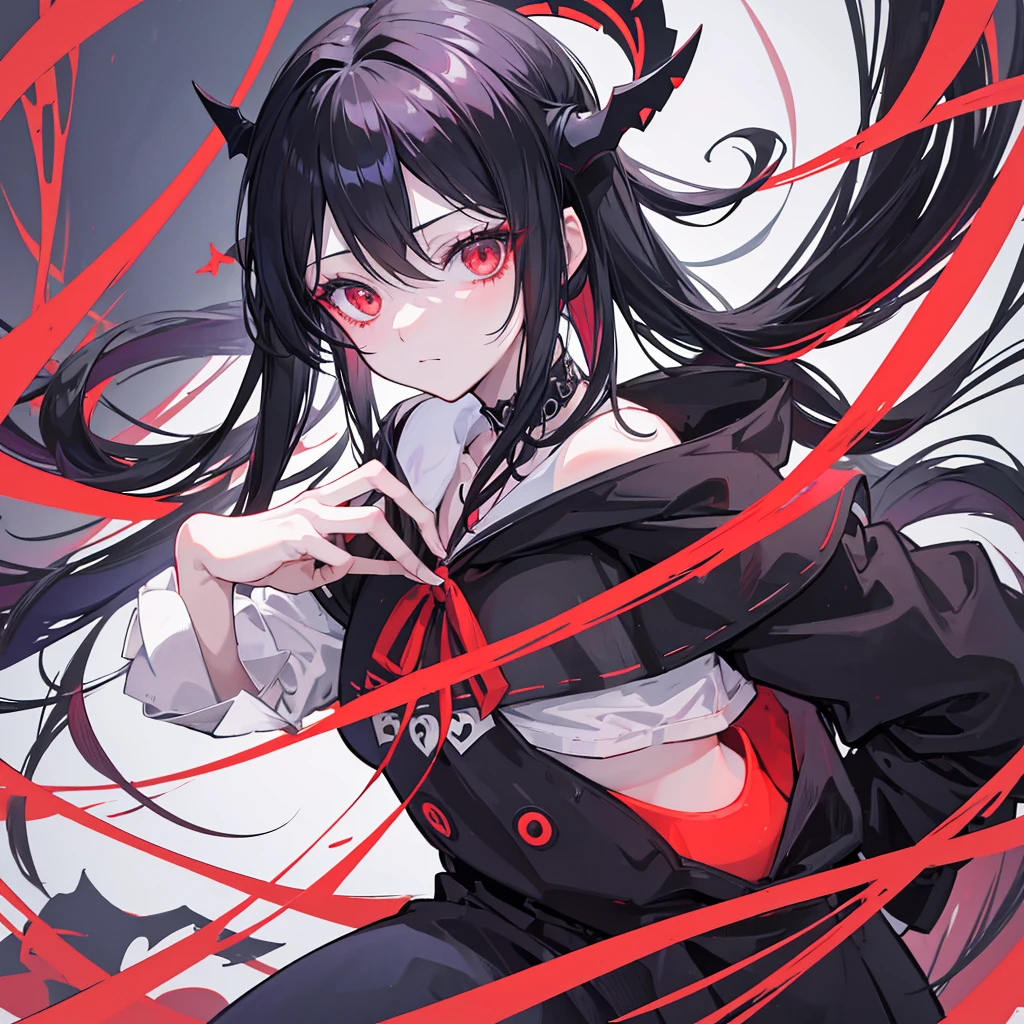 anime girl with black hair and red eyes with angel halo, gapmoe yandere grimdark, portrait gapmoe yandere grimdark, helltaker, demon anime girl, akane owari danganronpa, albedo from the anime overlord, gapmoe yandere, 1 7 - year - old anime goth girl, albedo from overlord