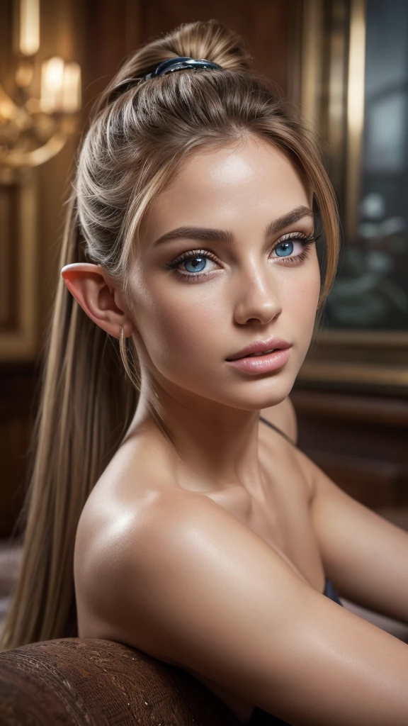 (best quality,4k,8k,highres,masterpiece:1.2),ultra-detailed,(realistic,photorealistic,photo-realistic:1.37),portrait,(beautiful,detailed:1.1) eyes,(beautiful,detailed:1.1) lips,(extremely,detailed:1.1) eyes and face,long eyelashes,hairstyle(ash-colored ponytail),half-elf,figure,model,long legs,elongated face,sexually suggestive pose,incredible beauty,background:space