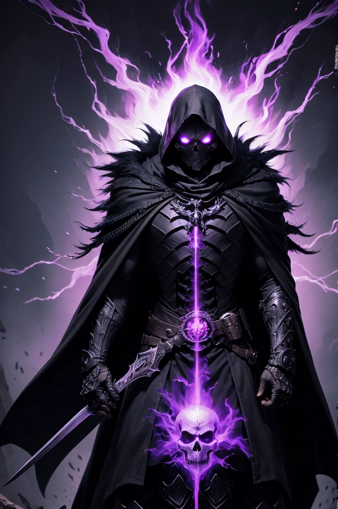 Monster, Warrior, Skull Face, Black Skeleton, Tall, Purple flames in his eyes, Black cloak, Holding Claymore in right hand.