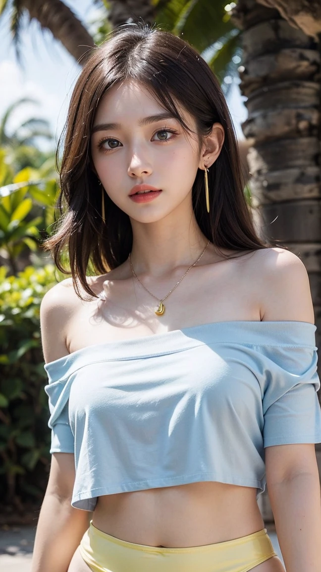 Top-quality Realistic,Official art,Highly detailed CG Unity 8k wallpaper,ultra-detailliert,hight resolution,Physically-based rendering,Magnificat,finely detail,masterpiece,Best Quality,ultra detailed, Face Light,Mature beauty,Beautiful girl,1girl,moist lips,sexy lips,Sexy smile,Gentle smile, 20 years old, Beautiful bare skin,Smooth bare skin,(Beautiful and radiant skin), big well-shaped breasts, beautiful cleavage,beautiful Mature body,swept bangs,(Medium hair:1.3), beautiful detailed eyes,model shoot style,Japanese Idol, Full-body,((Promenade surrounded by tropical trees)),(lemon yellow micro bikini Oversized off shoulder Sheer White Long T-shirt:1.5)),BREAK,(Heart shaped necklace),(Triangle ornament earrings),BREAK,((Light Blue flared micro mini skirt:1.2)), (walking through the shopping Promenade),walking position,(upper body:1.2),(walking model pose), looking up,(arms behind head),from below,gentle smile like a goddess, ((Extreme close-up)),