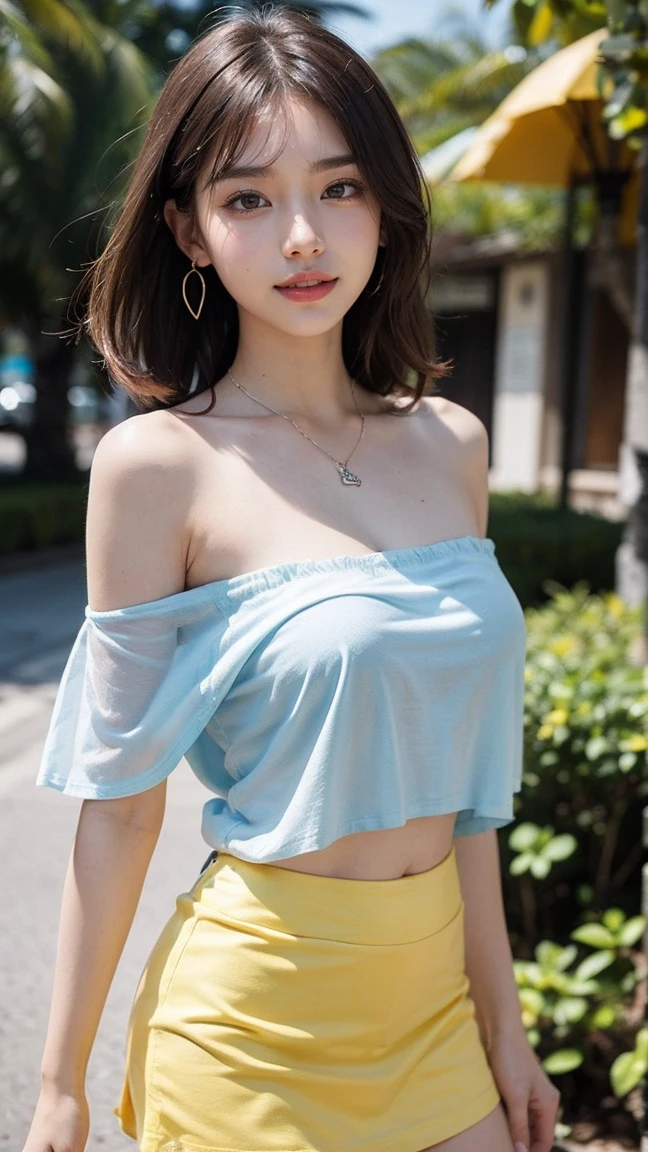 Top-quality Realistic,Official art,Highly detailed CG Unity 8k wallpaper,ultra-detailliert,hight resolution,Physically-based rendering,Magnificat,finely detail,masterpiece,Best Quality,ultra detailed, Face Light,Mature beauty,Beautiful girl,1girl,moist lips,sexy lips,Sexy smile,Gentle smile, 20 years old, Beautiful bare skin,Smooth bare skin,(Beautiful and radiant skin), big well-shaped breasts, beautiful cleavage,beautiful Mature body,swept bangs,(Medium hair:1.3), beautiful detailed eyes,model shoot style,Japanese Idol, Full-body,((Promenade surrounded by tropical trees)),(lemon yellow micro bikini Oversized off shoulder Sheer White Long T-shirt:1.5)),BREAK,(Heart shaped necklace),(Triangle ornament earrings),BREAK,((Light Blue flared micro mini skirt:1.2)), (walking through the shopping Promenade),walking position,(upper body:1.2),(walking model pose), looking up,(arms behind head),from below,gentle smile like a goddess, ((Extreme close-up)),