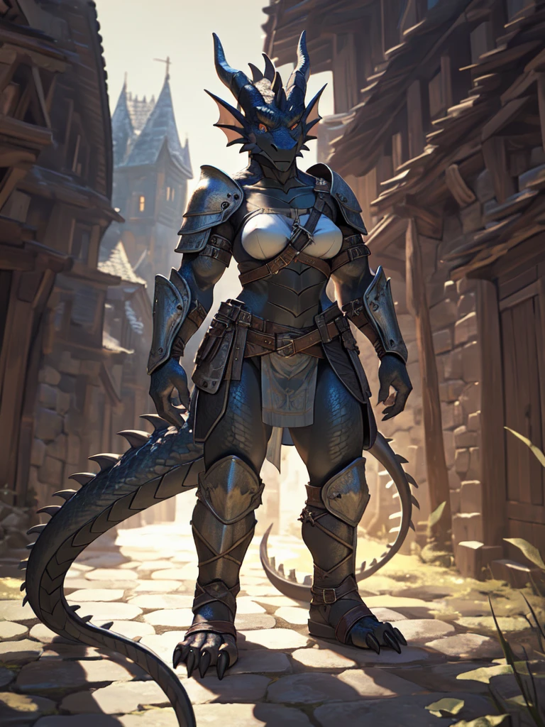 solo, kemono, (dragon), anthro, female, ((black body)), scales, tail, muscles, medium breasts beautiful feet, medieval armor, medieval, fantasy, outdoors, outside, toe claws, strap leather sandals, leg guards, epic, depth of field, perfect lighting,(best quality),(masterpiece),(ultra detailed)