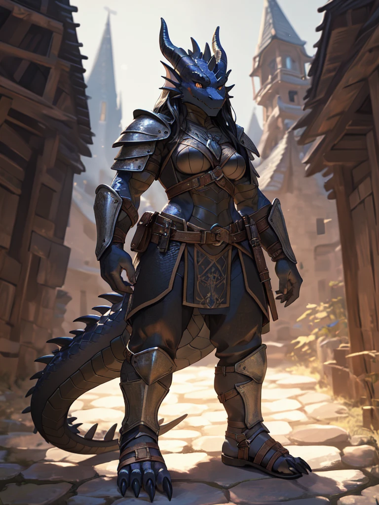solo, kemono, (dragon), anthro, female, ((black body)), scales, tail, muscles, medium breasts beautiful feet, medieval armor, medieval, fantasy, outdoors, outside, toe claws, strap leather sandals, leg guards, epic, depth of field, perfect lighting,(best quality),(masterpiece),(ultra detailed)