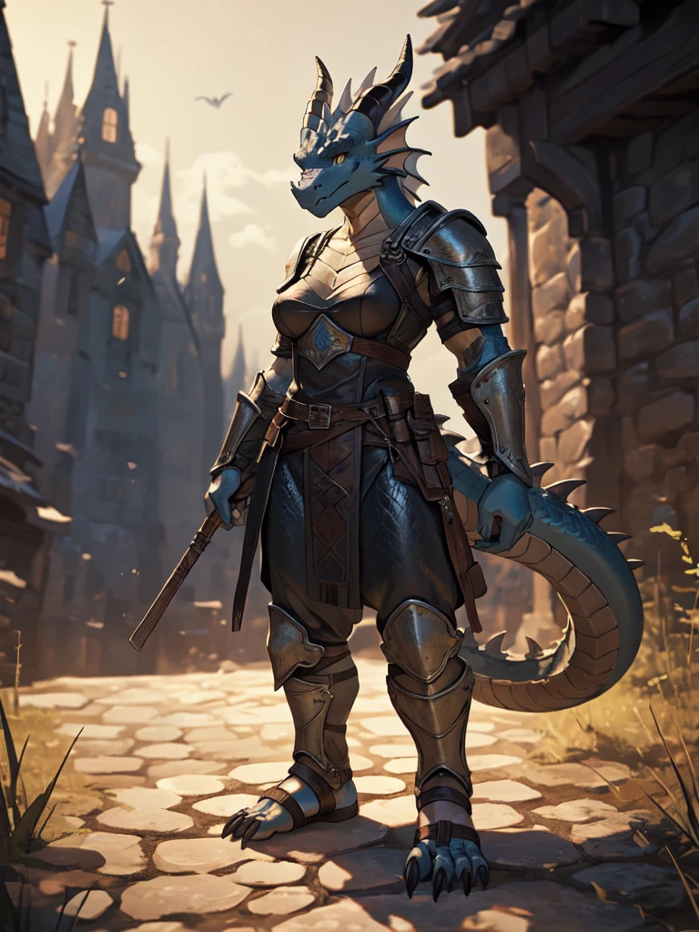 solo, kemono, (dragon), anthro, female, ((black body)), scales, tail, muscles, medium breasts beautiful feet, medieval armor, medieval, fantasy, outdoors, outside, toe claws, strap leather sandals, leg guards, epic, depth of field, perfect lighting,(best quality),(masterpiece),(ultra detailed)