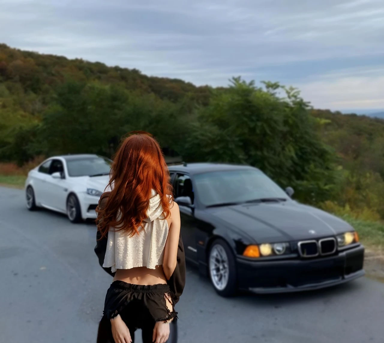 (((Masterpiece))), 25-year-old Caucasian French girl with shoulder-length messy red hair, adorned with crystal glow, blooming hair akin to . Certainly!
A silhouette of a girl with her back to the camera. She is wearing short shorts and a black hoodie. Her face is not visible.buttocks sticking out of pants,