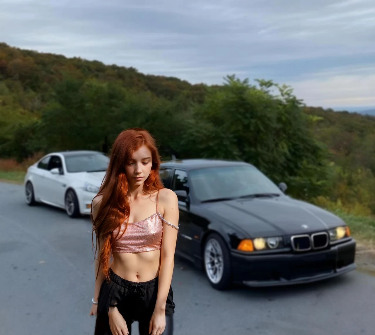 (((Masterpiece))), 25-year-old Caucasian French girl with shoulder-length messy red hair, adorned with crystal glow, blooming hair akin to . Certainly!
A silhouette of a girl with her back to the camera. She is wearing short shorts and a black hoodie. Her face is not visible.buttocks sticking out of pants,