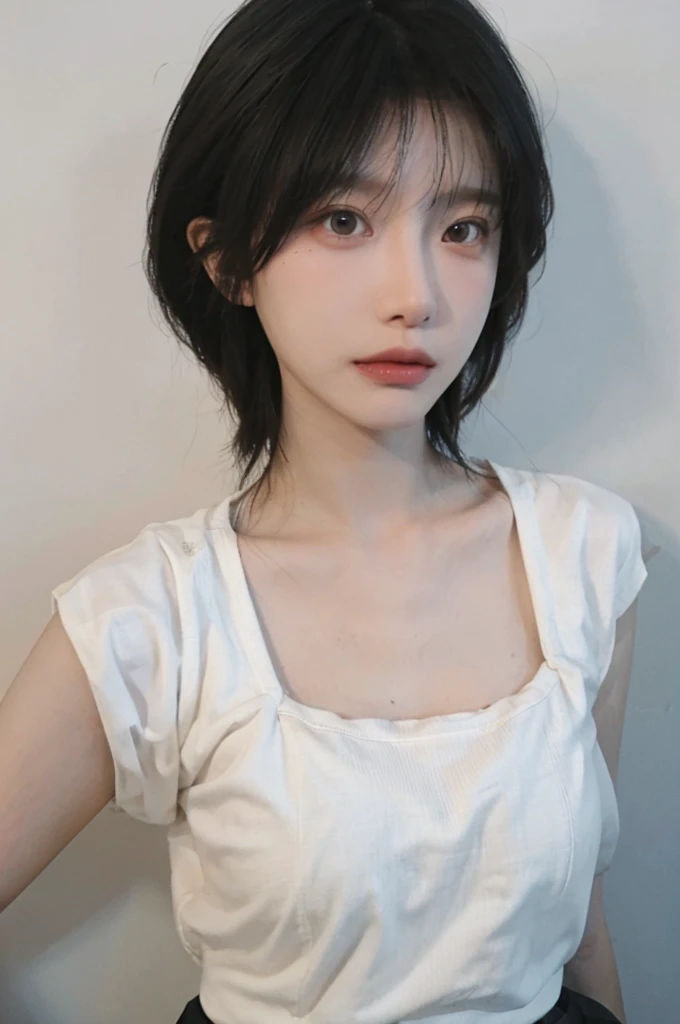 Beautiful woman with perfect figure:1.4，Ultra-high resolution，White background，（lifelike：1.4），Layered Hairstyle，Lipstick，White skin，Super short pleated skirt，whole body，Very delicate face and skin texture，Double eyelids，Skin Whitening，short hair，White hair