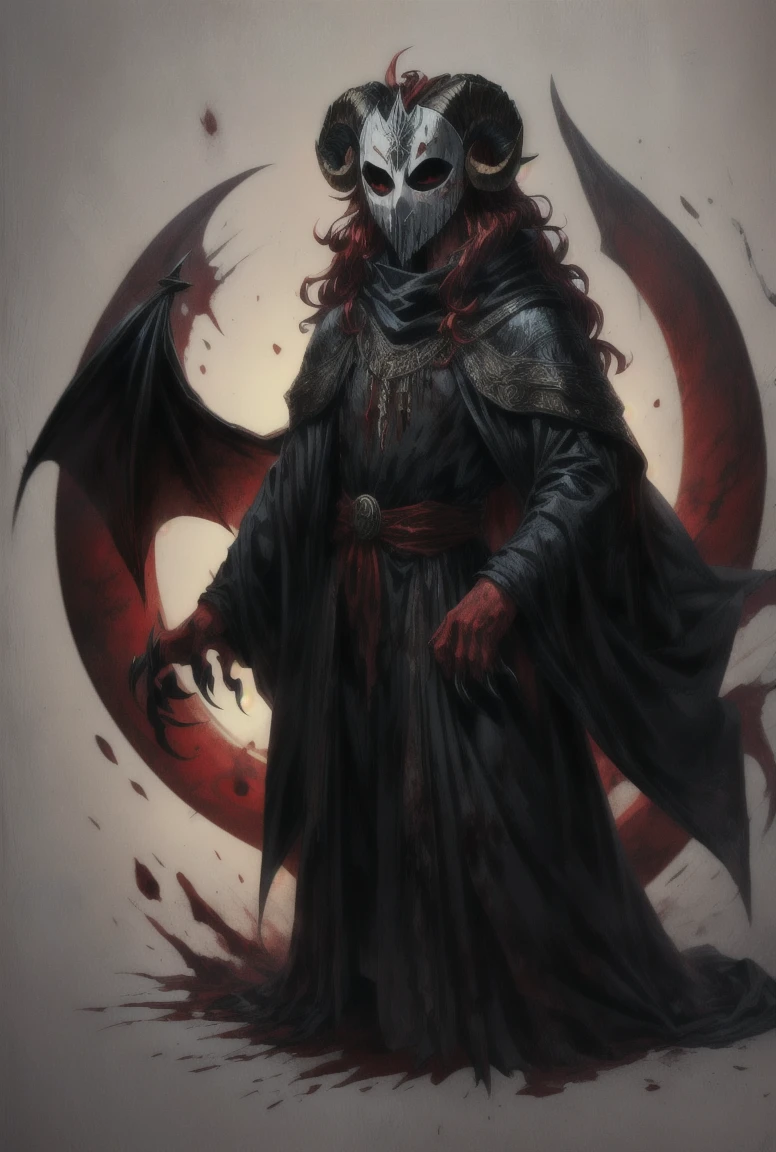 ((demon)), (((male))), male demon, ((scary demon), (((wearing a scary white mask))), blood, (((ram curved horns))), long wavy red hair, (((slavic black full clothes))), medieval scarf, monster claws, snake tail