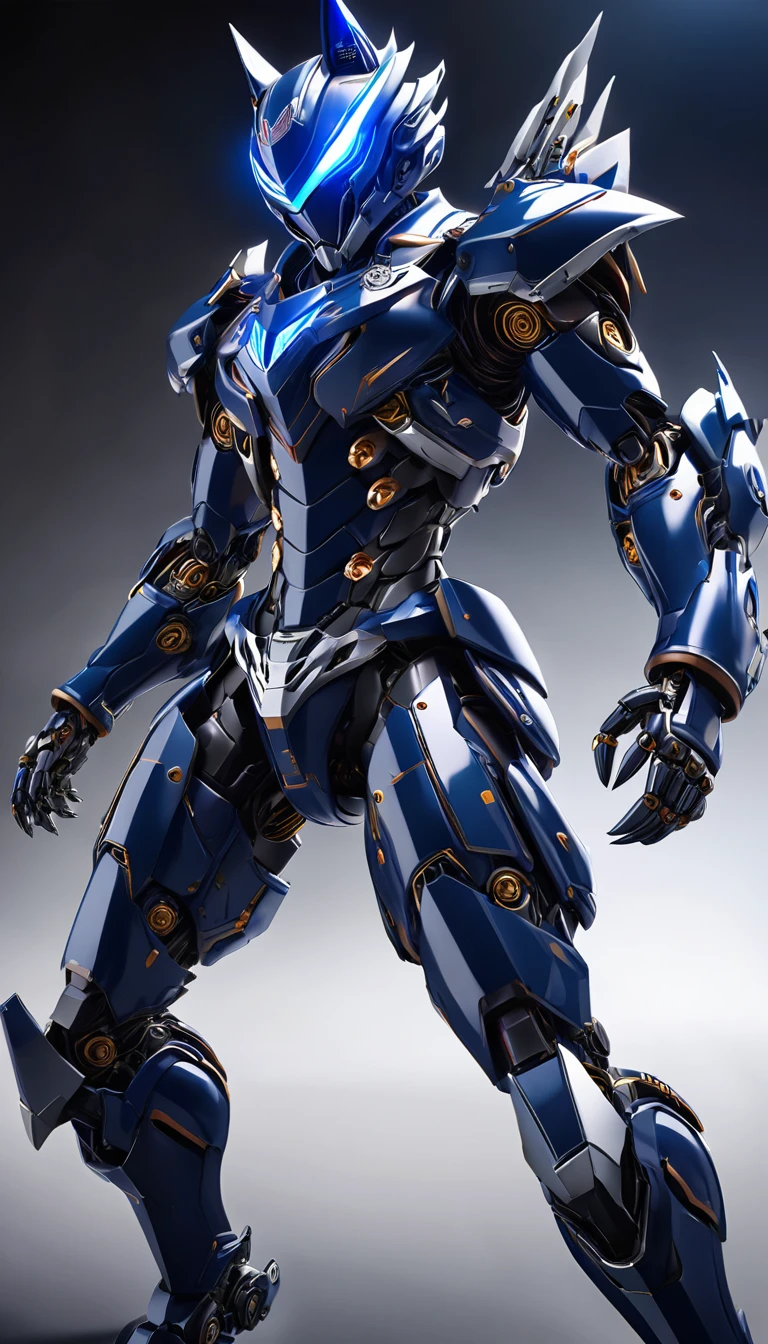 a wolf motif armour and helmet inspired by kamen rider design, claw on hand, glowing navy blue visor, black inner suit, navy blue armour, robotic armour military design, perfect proportion body, highly detailed, 8k, photorealistic, hyper detailed, cinematic lighting, dramatic shadows, volumetric lighting, intricate machinery, mechanical parts, sleek and futuristic, dynamic pose, action