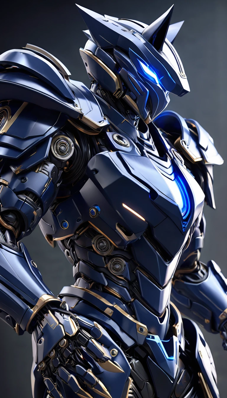 a wolf motif armour and helmet inspired by kamen rider design, claw on hand, glowing navy blue visor, black inner suit, navy blue armour, robotic armour military design, perfect proportion body, highly detailed, 8k, photorealistic, hyper detailed, cinematic lighting, dramatic shadows, volumetric lighting, intricate machinery, mechanical parts, sleek and futuristic, dynamic pose, action