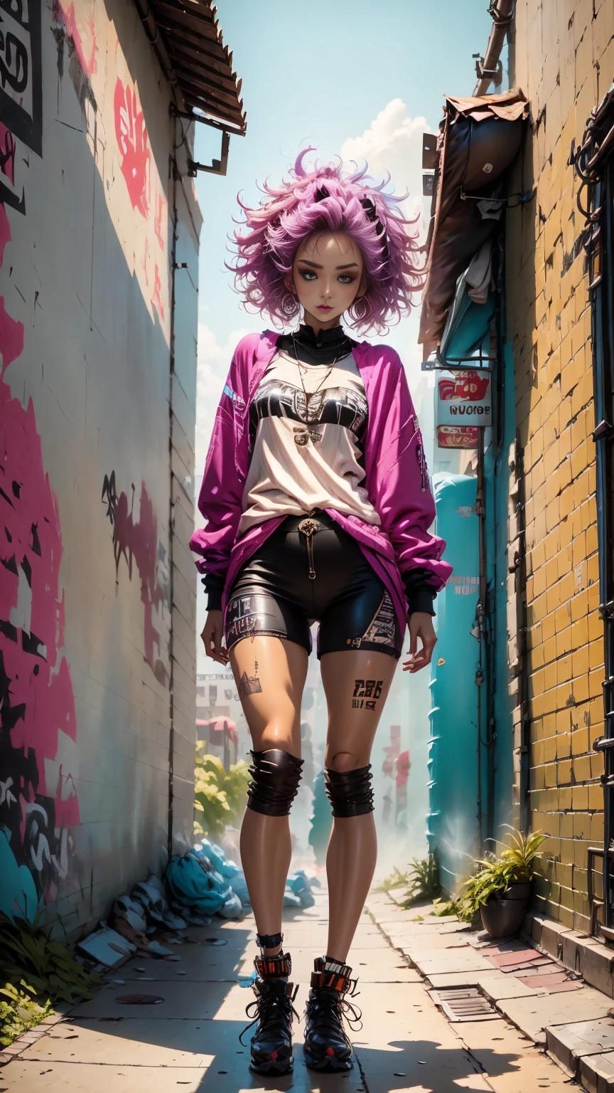 ((long shot, full body: 1.6)), purple: 1.5, orange: 1.1, green: 1.3, White: 1.3, yellow: 1.3, (rapper girl with scary hair, highly detailed eyes and body and beautiful baggy and baggy clothes :1.6), tattoos, (walls with Graffiti: 1.2), flower, Leaves, born in the mist, lines, leaning on the wall with a spray paint in her hand, action pose, 32K.