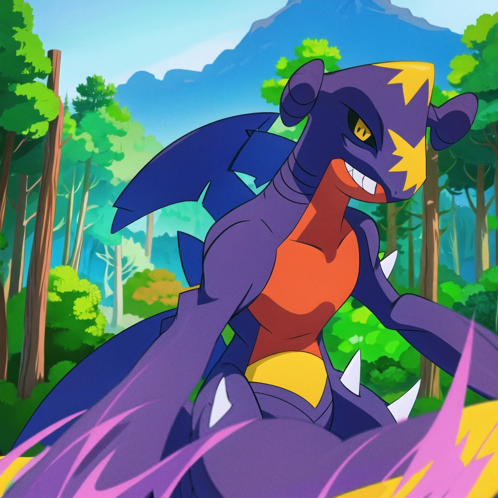 garchomp, solo, anime, smile, closed mouth, looking at viewer, forest, bush