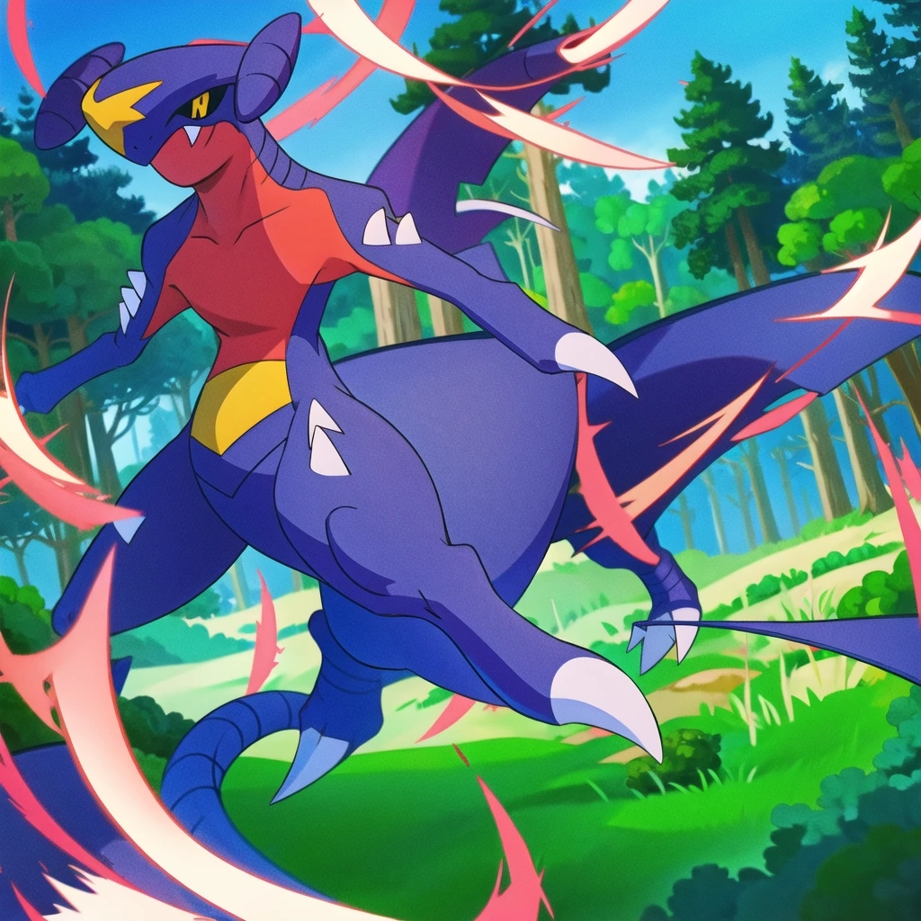 garchomp, solo, anime, smile, closed mouth, looking at viewer, forest, bush